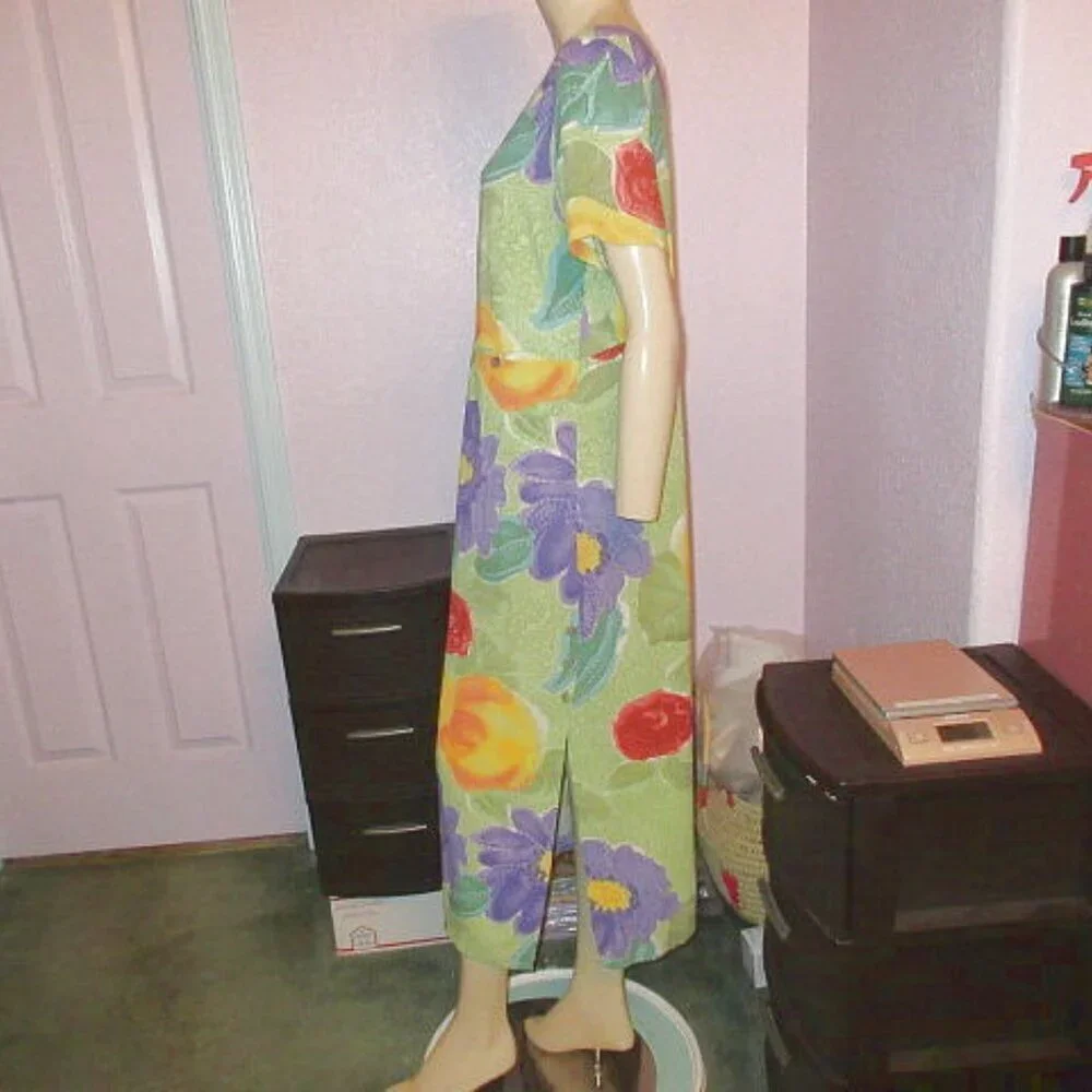 Vtg Jams World Midi Dress Size S Pockets Floral Hawaiian Aloha Art Print Violare